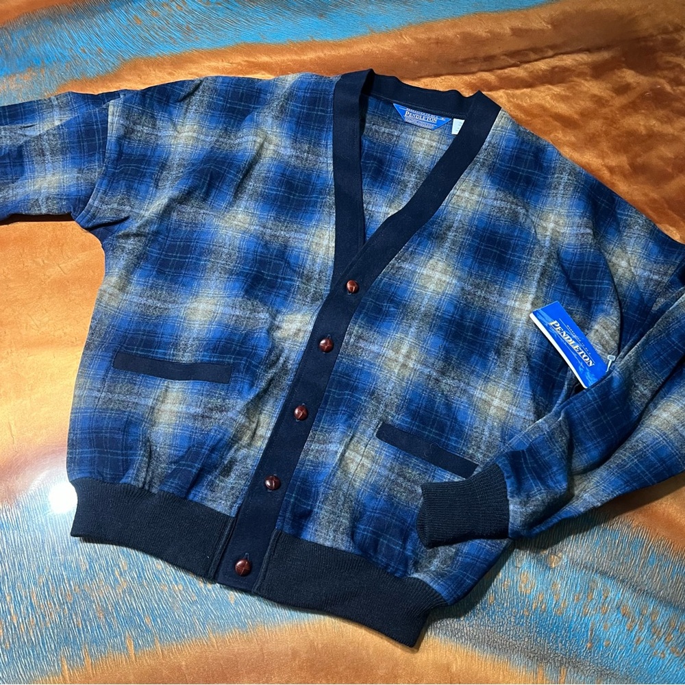 NWT Vinatge Wool Plaid V-Neck Cardigan Blue Made in USA grandpa grunge medium